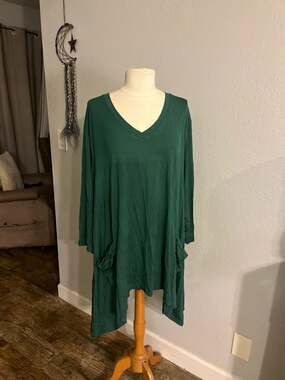 LOGO Lori Goldstein Plus 3X Green Rayon Spandex V-Neck Tunic Top/Pockets